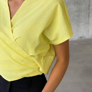 Linen wrap top, linen crop top, linen wrap blouse, white boho linen v neck top, linen tops for women image 8