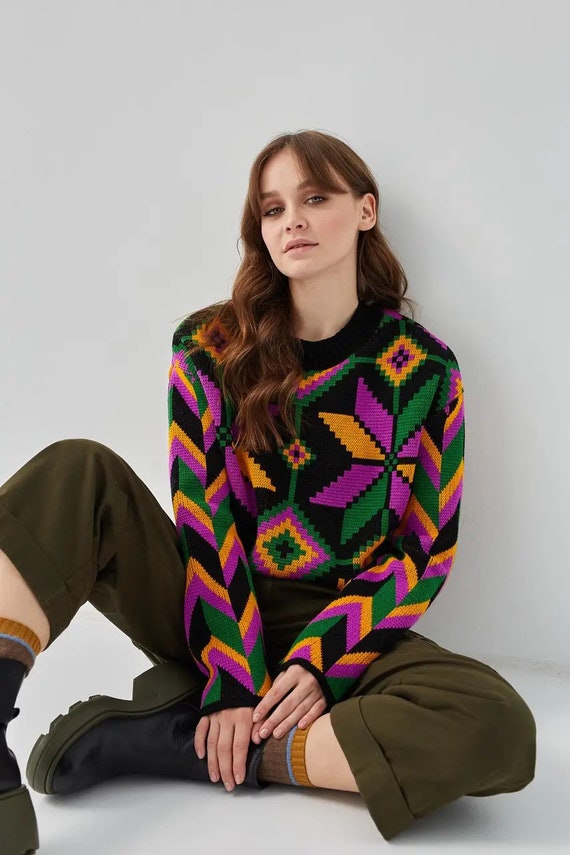 Wool Boho Ornament Knit Sweater, Baggy Oversized Fit