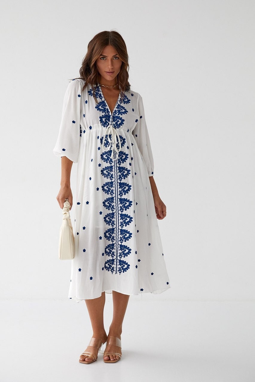 Embroidered White Cotton Boho Dress: Summer Midi Dress