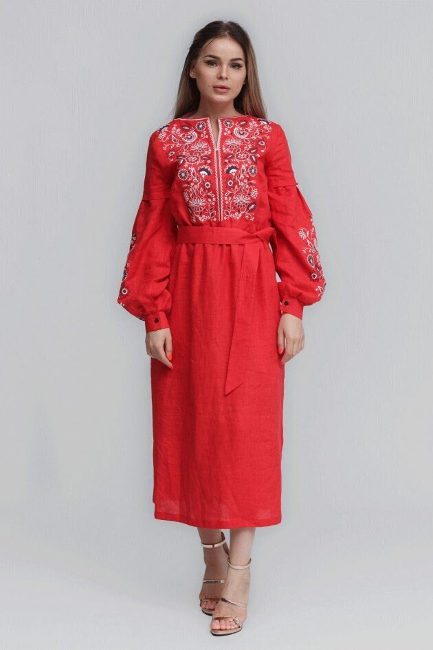 Red Embroidered Maxi Dress | Traditional Floral Long Sleeve Linen Dress -  Etsy