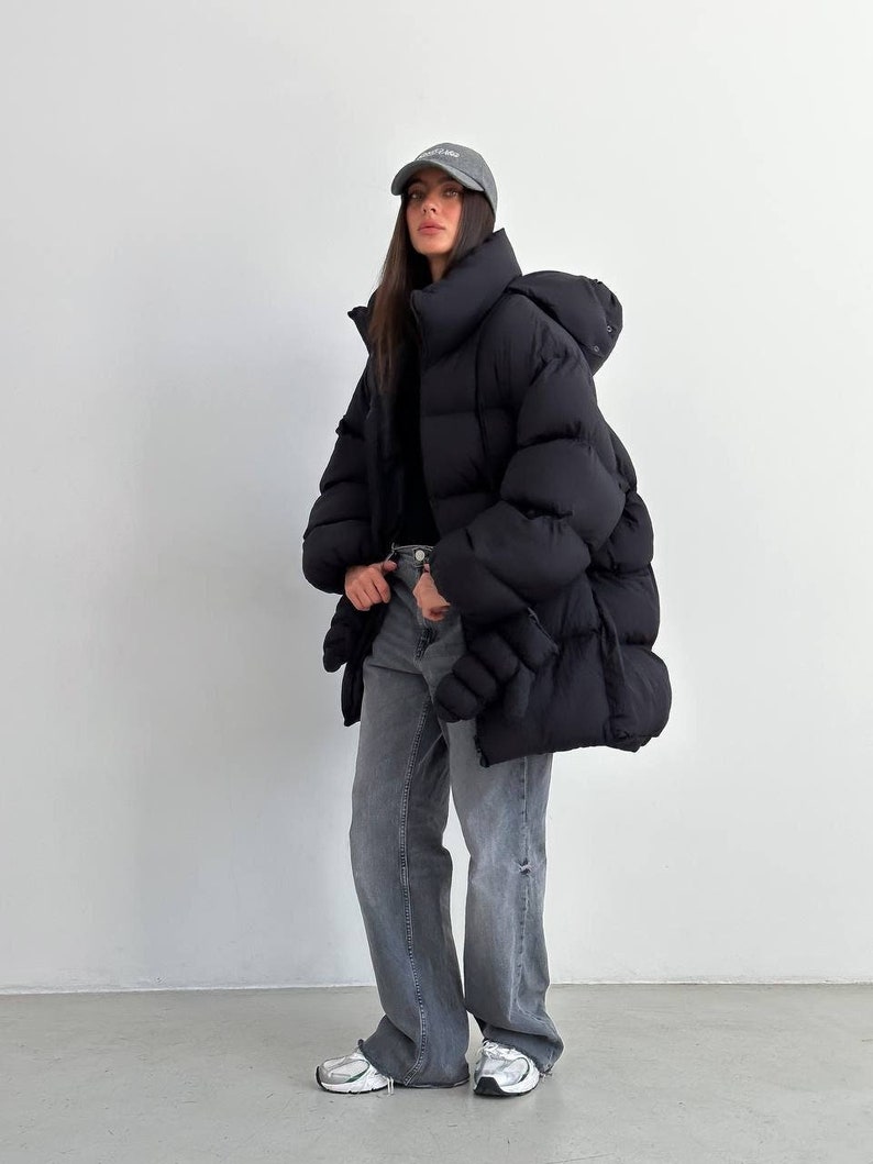 Black winter oversize puffer coat, Streetwear women jacket, Black Winter puffer jacket women, Warm winter jacket, Black puffer image 1