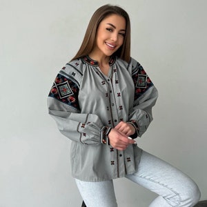 Traditional Ukraine Vyshyvanka, Made in Ukraine Clothes, Perfect Gift for Her, Women&#39;s Peasant Button-Up Blouse, Grey embroidered shirt