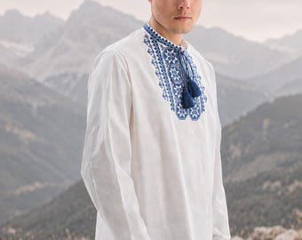 Ukrainian Vyshyvanka Shirt Men, White Cotton Long Sleeve, Folk Art Embroidery, Made in Ukraine