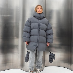 Grey puffer coat with hood, Oversized women puffer, Winter streetwear long coat, Puffer down jacket, puffer coat