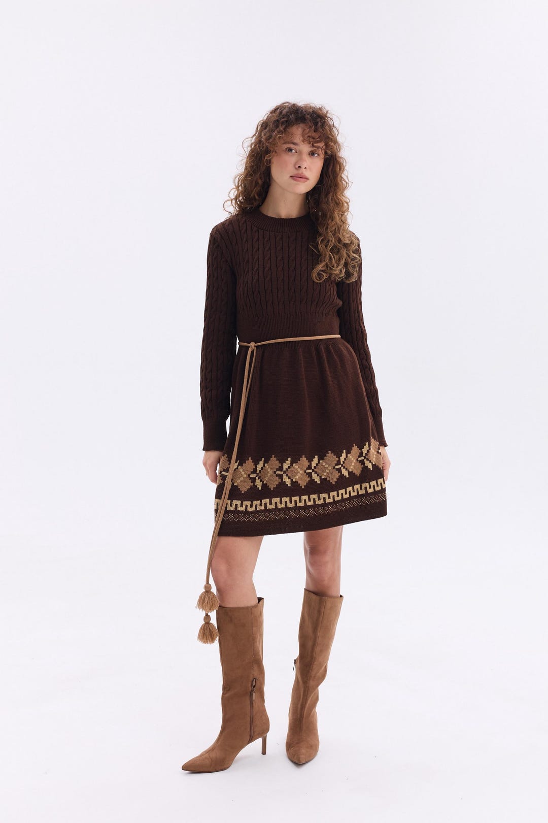 brown cable knit dress Women's Let’s Be Honest Chocolate Brown Cable Knit Long Sleeve Sweater Shirt | Size: L main image 1