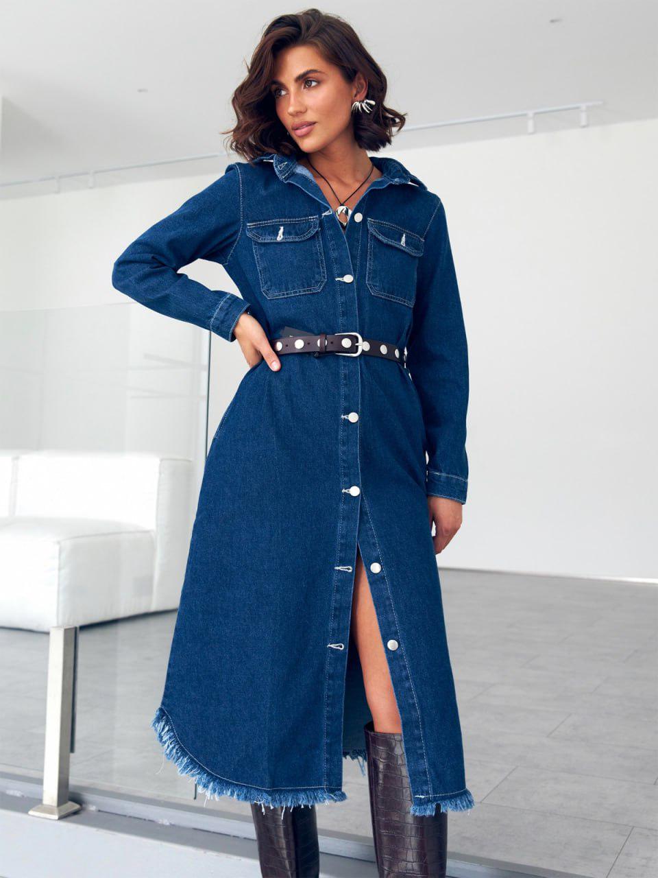 Blue Casual Denim Dress, Long Sleeves Midi Button Down Jean Dress Blue Casual Denim Dress, Long Sleeves Midi Button Down Jean Dress