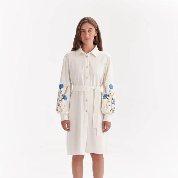 embroidered belted shirt dress Lemon Embroidered Belted Shirt Dress