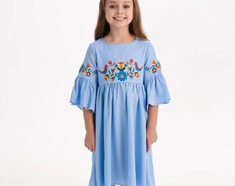 Handmade Girls Embroidered Boho Dress, Blue Linen Peasant Outfit