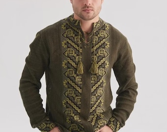 Embroidered Men's Linen Shirt: Olive Green Slavic Vyshyvanka