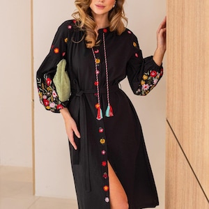 Boho Embroidered Maxi Dress, Black Peasant Folk Dress, Ethnic Floral Kaftan, Handmade Bohemian Dress, Festival Fashion, Cottagecore Outfit