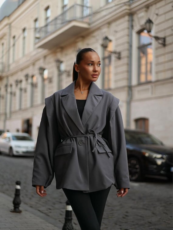 Oversized Blazer Jacket for Women, Brown, Charcoal Black, One