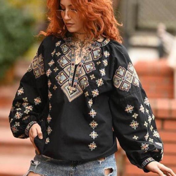 Black Embroidered Blouse, Ukrainian Folk Shirt With Puffy Sleeves