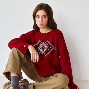 Ukrainian Christmas gift, Women knitted sweater, , Red knit sweater, Christmas sweater, Ukraine pattern