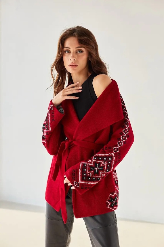 Women’s Knit Red Cardigan, Boho Style Wrap Winter Cardigan with Ukraine Ornaments