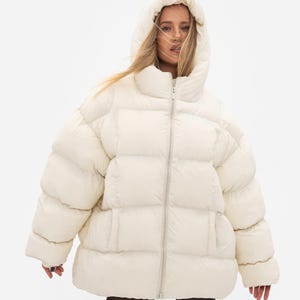 Ivory oversize streetwear women's puffer coat, Light winter jacket, Beige puffer coat, Womens winter puffer coat