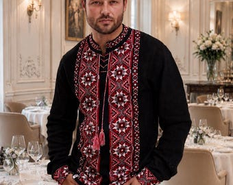 Black Men's Vyshyvanka Shirt, Red & White Embroidered Long Sleeve, Ukrainian Traditional Shirt, Gift for Husband or Dad