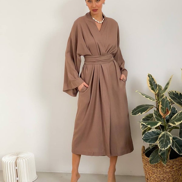 Maxi linen wrap dress, Long linen kimono dress, wrap dress, linen dress, bohemian dress