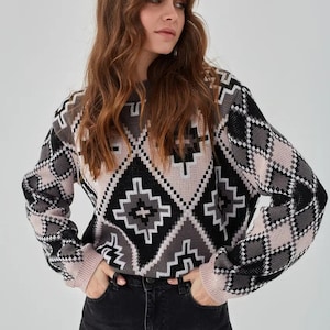 Vintage Dark Grunge 80&#39;s 90&#39;s Oversized Cozy Grandpa Sweater, Indie Cabincore Patterned Pullover
