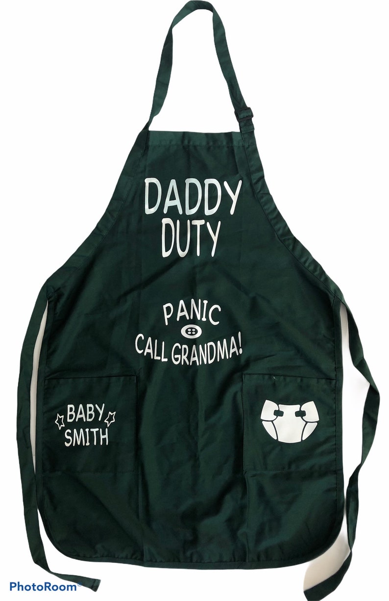 Diaper Duty Apron has some funny texts printed on it. Besides, it's also very useful for his upcoming fatherhood.
