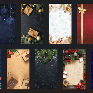 Puede incluir: Una colección de 12 fondos digitales con diferentes temas navideños, incluyendo adornos, regalos, ramas de pino y copos de nieve. Los fondos son de varios colores, incluyendo rojo, verde, azul y blanco.