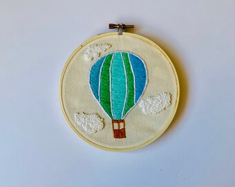Handmade Hot Air Balloon Embroidery – Finished | 6” Hoop, Blue & White