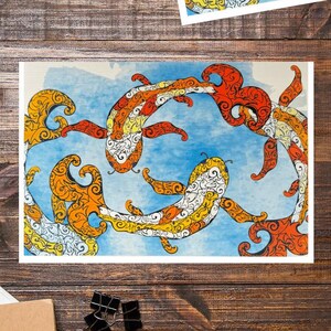 Koi Pond Notecards Calm Watercolor Mosaic Style Original Art (packs of 10)