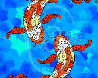 Koi Pond Small & Medium Digital Downloads Bright Colors Original Nature Art Mosaic Style 5"x 7", 8"x 10", 9"x 12", and 11" x 14"