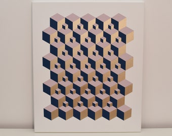 Original Geometric Painting - Handpainted -  Acrylic on Canvas - Navy, Pink & Metallic Gold - Op Art - Geometric Abstraction - Hard Edge