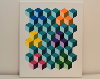 Original Geometric Painting - Handpainted -  Acrylic on Canvas - Turquoise & Multi Colour - Op Art - Geometric Abstraction - Hard Edge