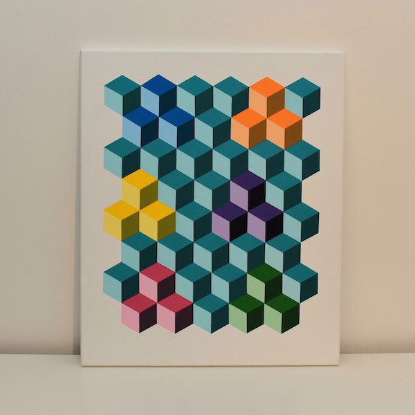 Original Geometric Painting - Handpainted -  Acrylic on Canvas - Turquoise & Multi Colour - Op Art - Geometric Abstraction - Hard Edge