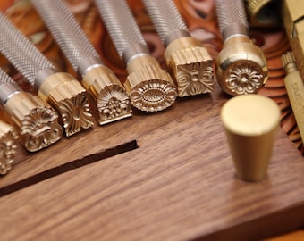 Herramienta de sello de cuero, herramientas de estampado y tallado, cabeza de latón fino artesanal de cuero, varilla de acero inoxidable 304, juego completo de 7 Uds