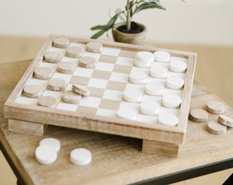 Wood Checkers Box - Natural & White