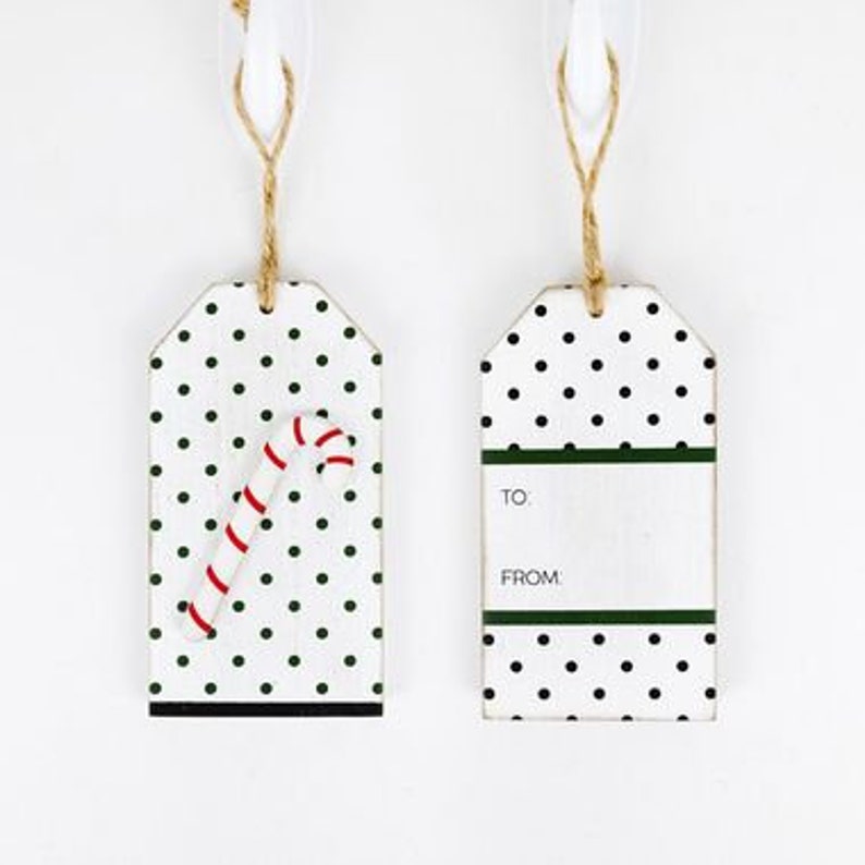 2.75 x 5 Reversible Wood Tag Green Dot Candy Cane image 3