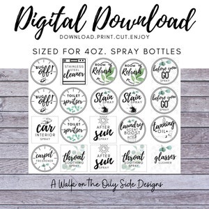 Może przedstawiać: Cyfrowe pobieranie arkusza z etykietami na butelki z rozpylaczem 118 ml. Etykiety zawierają tekst, taki jak "Bug Off!", "Środek do czyszczenia stali nierdzewnej", "Room Refresh", "Car Interior Spray" i "Throat Soothing Spray". Etykiety są czarno-białe z ilustracjami botanicznymi i słonecznymi.