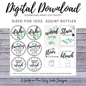 Może przedstawiać: Drukowane etykiety do butelek o pojemności 350 ml z wzorem liści eukaliptusa. Etykiety zawierają: Płukanka do naczyń, Wzmacniacz zapachu do prania, Odświeżacz do toalety, Poler do drewna, Usuwanie plam, Środek do czyszczenia podłóg i Naturalny wybielacz.