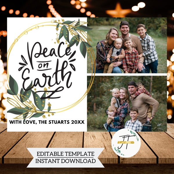 Peace on Earth Christmas Photo Holiday Card Template, Instant Download, Editable Picture, Digital Design, Printable Christmas Card