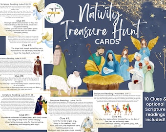 May include: A set of 10 colorful cards with illustrations of the Nativity scene. Each card features a clue and a scripture reading. The cards are designed for a treasure hunt game. The title of the game is "Nativity Treasure Hunt Cards".