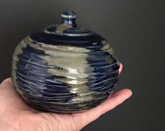 Carved little jar with lid in beautiful blue and green glaze