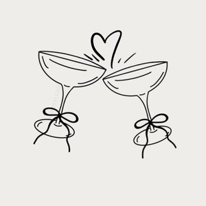 Może przedstawiać: Dwa czarno-białe rysunki kieliszków do szampana, które się zderzają z sercem nad nimi. Kieliszki mają kokardkę zawiązaną wokół nóżki.