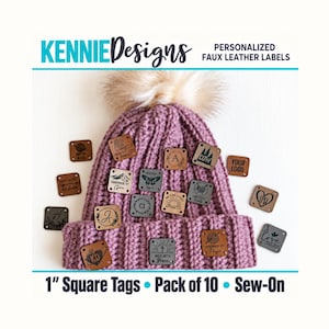 Custom Personalized Faux Leather Labels – Square 1 inch Tags for knitting and crochet, made by tag, your logo, handmade by