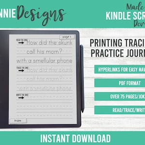 Diario de práctica de impresión de escritura a mano para Kindle Scribe, hipervínculos de navegación fácil, práctica de impresión digital, chistes para niños, acertijos de grado 1-3