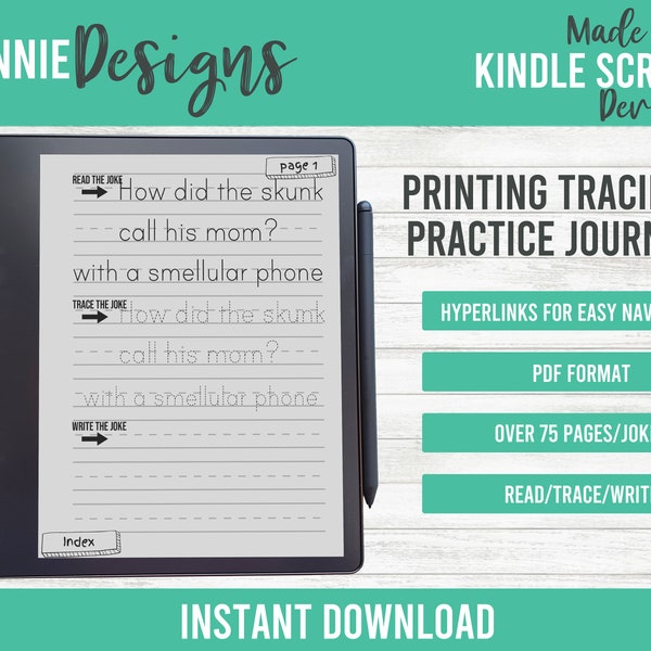 Handwriting Printing Practice Journal for Kindle Scribe easy navigation hyperlinks, Digital Printing Practice Kids Jokes Riddles grade 1-3