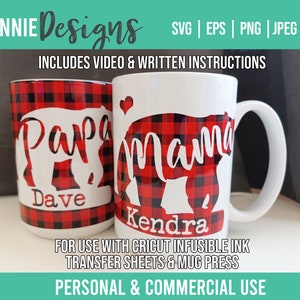 Mama et Papa Bear Infusible Ink Mug Wrap SVG Template utilisation personnalisable avec feuilles de transfert d’encre infusible et Mug Press Personnalisé