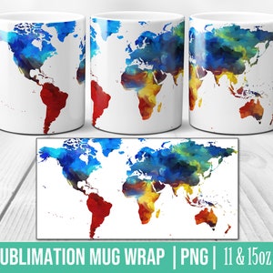 Wereldkaart geschilderde olieverf sublimatie mok sjabloon 11 & 15 oz, mok pers sublimatie wrap, mok ontwerp PNG JPEG gestileerd olieverfschilderij verkennen