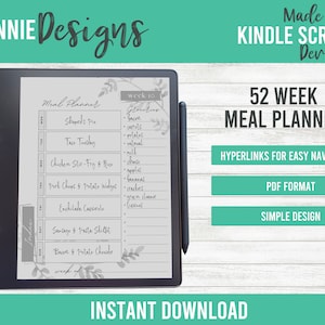 Peut inclure: Un planificateur de repas numérique noir et blanc avec le texte "52 WEEK MEAL PLANNER" et "HYPERLINKS FOR EASY NAVIGATION". Le planificateur a un design simple et est au format PDF. Le planificateur est conçu pour les appareils Kindle Scribe.