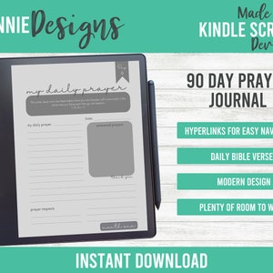 May include: A digital tablet displaying a 90-day prayer journal with a modern design. The journal includes daily bible verses, hyperlinks for easy navigation, and plenty of room to write. The text on the screen reads "my daily prayer".