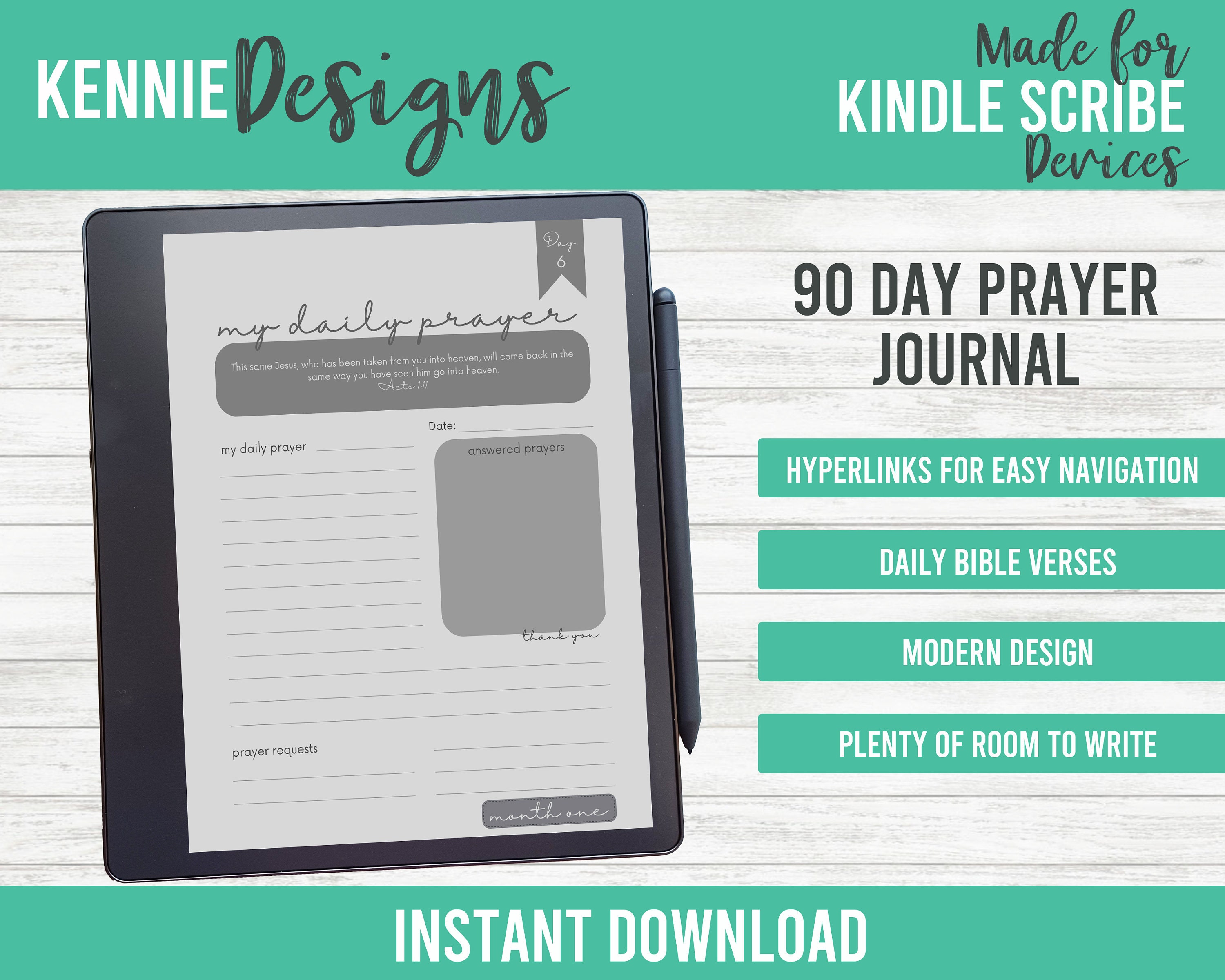 90 Day Prayer Journal for Kindle Scribe Modern design easy navigation through hyperlinks, stylish PDF template daily Bible verses