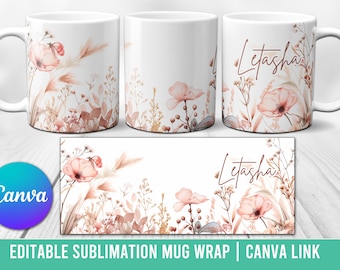 Modello per tazza con stampa a sublimazione di fiori selvatici, personalizzabile per Canva, tema primaverile, download digitale modificabile per tazze personalizzate PNG JPEG