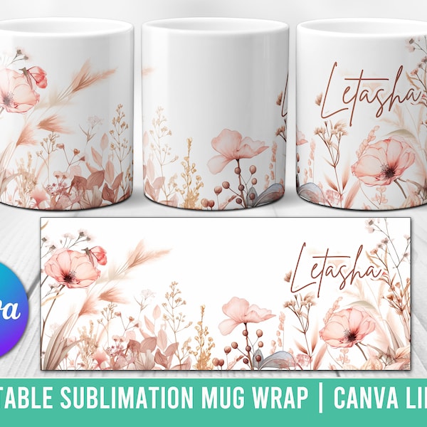 Wildflower Sublimation Mug Wrap Template Custom for Canva, Spring theme Editable Digital Download for Custom Mugs PNG JPEG