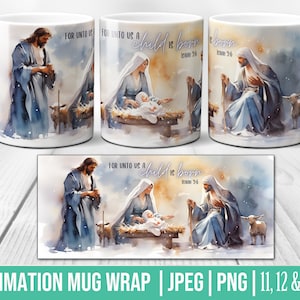 Nativity Scene Mug Wrap, Religious Coffee Mug Sublimation Templates, Watercolor 11,12,15 Oz Mug Wrap, Mug PNG, Christian Gift, Baby Jesus
